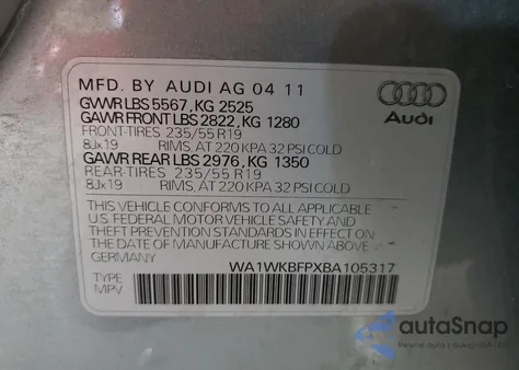 2011 Audi Q5 Prestige из США, поврежденный, VIN WA1WKBFPXBA105317